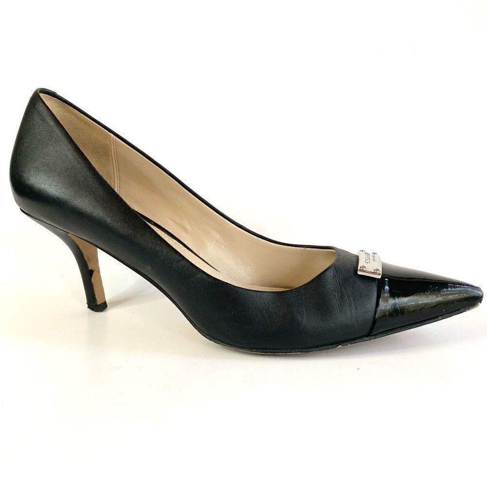 Coach Leather Point Cap Toe Black Silver Plate Emblem Stiletto Heel Zan Size 9.5